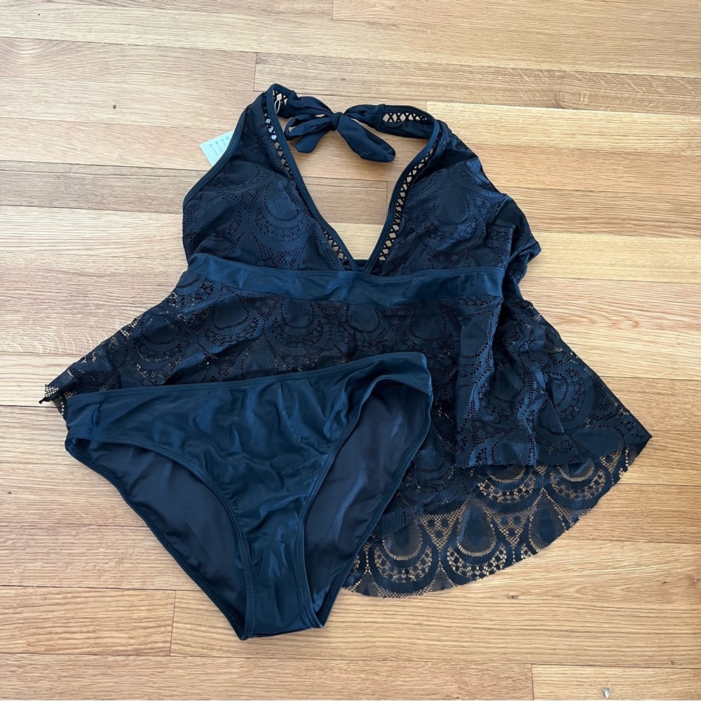 NWT Halter Neck Ruffle Hem Lace Panel Cute Tankini Set | Beachsissi - Picture 5 of 15